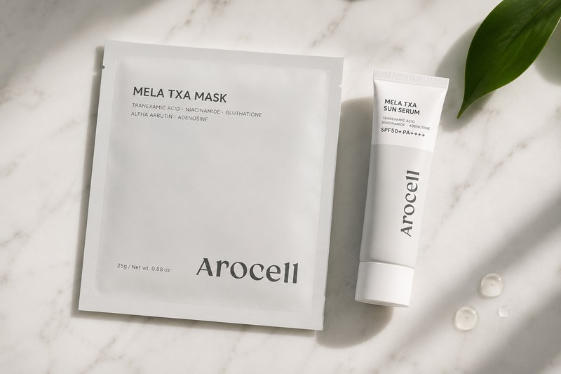 AROCELL Mela TXA Sun Serum ir Mask – veido priežiūros produktai